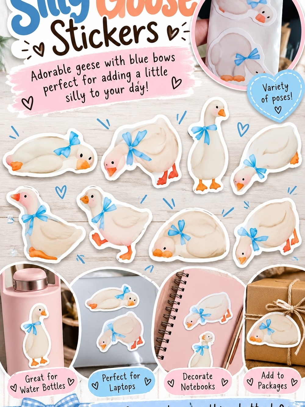 Silly Goose Stickers - Blue Bow Goose Stickers